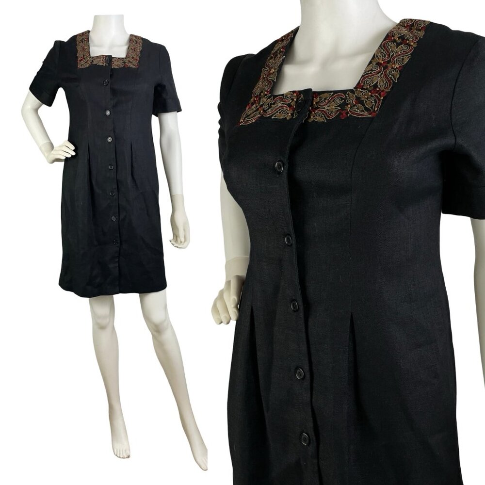 Vintage 80s Carole Little Tailored Sheath Dress 6 Linen Lined Embroider